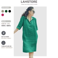 LAHSTORE straight linen dress with shirt collar and youthful short sleeves DS01 (Green, Pink Lotus, 