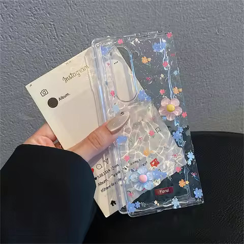 Fashion Transparent Water Ripple 3D Blue Pink Flowers Phone Case for Galaxy Z Fold 7 Z Fold6 zFold6 
