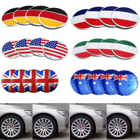 4Pcs 56mm America Germany France Italy UK US USA Australia Flag Car Wheel Center Hub Cap Cover Stick