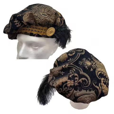 New !!! Medieval 15th Century Renaissance Tudor Elizabethan Revolutionary Black and Gold Brocade Hat