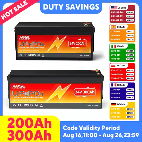 MOSEWORTH 24V 200Ah 300Ah LiFePO4 Lithium Battery 10000+ Deep Cycle Battery Built-in 200A BMS Rechar