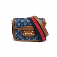 GUCCI Horsebit馬銜扣1955馬鞍包Mini牛仔藍帆布金扣
