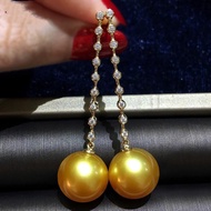 Ff12-13mm South Sea Gold Bead Earrings Sterling Silver Gold Holder Diamond Seawater Pearl Earrings M