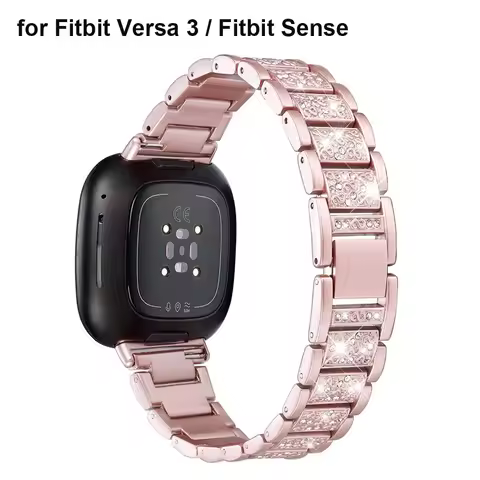 Metal Pink Bling Bracelet for Fitbit Sense 2/ Versa 3 Band Watch Strap Replacement Bling Watchband f