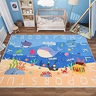 Kids Rug, 59"X39.4", ABC Alphabet Whale, Non-Slip, Washable, Educational, Blue, 4'11" x 3'3" (Rectan
