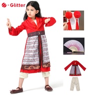 Hua Mulan Cosplay Costume For Kids Girl Chinese Heroine Mulan Hanfu Red Dress Hairpin Fan Outfit Hal