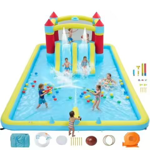 Inflatable Bounce House 14ft x 11.4ft Indoor Outdoor Bounce Castle 7-in-1 with 350W Blower and Slide