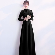 FLORAL🌸Black dinner dress long sleeve High Collar Dress Banquet Evening Dress Elegant Ball Gown Long