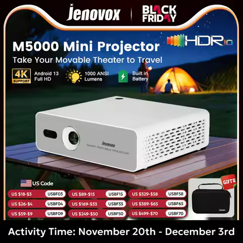 Jenovox M5000 Mini DLP 4K Projector Decode Full HD Home Theater 1000 ANSI Lumens Built-in Battery An