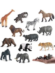 12入組仿真猛獸玩具,非洲叢林真實巨型動物斑馬、河馬、長頸鹿、獅子、老虎、猴子,農場動物小玩具象,野獸玩偶,適合兒童男女生日禮物