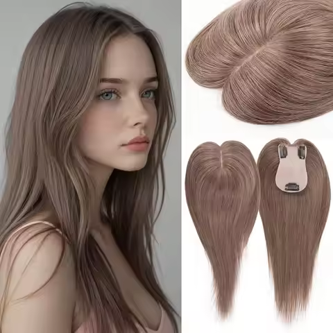 8A Ash Brown Human Hair Topper For Woman Injected Pu Base 7x11cm/2.7"x4.3" Clip in Hair Extensions F