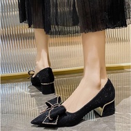 Women's Big Size High Heels 40-43 with Luxurious Rhinestone Bows - 5cm Square Heel, Comfortable, Eas