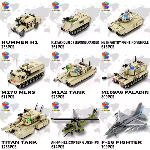 Creative Building Blocks: Modern US Army M1A2 Tank M270 Rocket Gun AH-64 Helicopter F16 Fighter Puzz