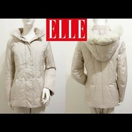 天冷超好看法國品牌ELLE 米色 80%羽絨 兔毛滾邊 連帽 羽絨外套