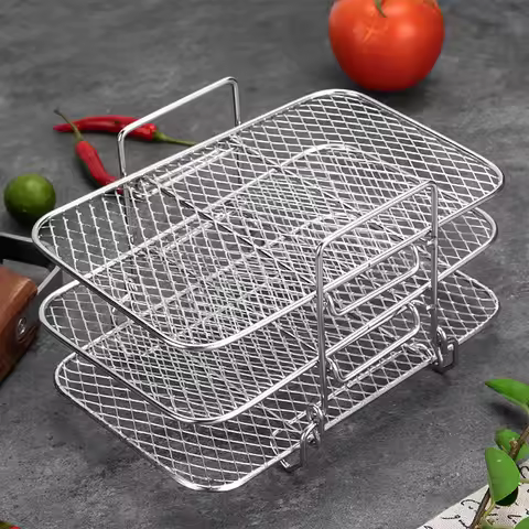 Air Fryer Rack Air Fryer Oven Grill Steamer Stackable 3 Layers Mesh Grill Basket Multifunctional Air