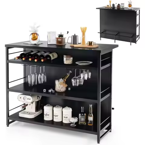 Home Bar Unit, 4 Tier Liquor Bar Table with Footrest, Wine Bottle Racks, Glass Holder, Industrial Co