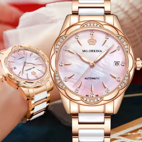 MG ORKINA Automatic Watch for Women Date Mechanical Luxury Pearl Mother Diamond Elements Ladies Dres