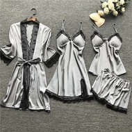 4 Piece Pajama Set Silk Womens Nightgown Lace Dress Robe Sleeping Pajamas Silk Solid Color Pajama Se