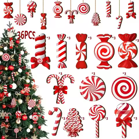 Mini Wooden Christmas Candy Cane Ornaments, Christmas Mint Lollipop Candy Hanging Decorations for Xm