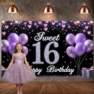 Sweet 16 Happy Birthday Backdrop Banner, Purple Balloon Heart Birthday Party Background with Hanging