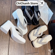 9P high strap square heel sandals made of smooth, light leather, easy to walk on, flattering Ms. Cha