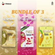 Ursnacks Save Package 3- FREEZE DRIED DURIAN Healthy Chips 32gr+MANGO 32gr+DRAGON FRUIT 22gr Vacuum Healthy LOW SUGAR Snack