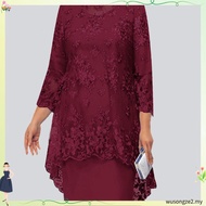 CH 1 Set O-neck High-Waist Plus Size Midi Dress Embroidery Lace Flower Cover Up 3/4 Sleeve Lady Even