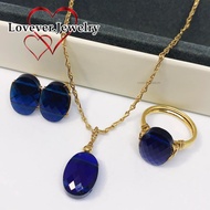 LOVEVER AUTHENTIC US 10K GOLD HANDMADE BLUE CRYSTAL JEWELRY SET (NECKLACE,RING AND EARRINGS SET )