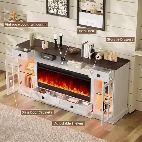 70" Farmhouse Fireplace TV Stand with LED Lights, Custom