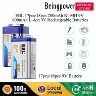 EBL 17pcs 18pcs 280mAh 6F22 9V Ni-MH Battery 9V 600mAh Li-ion Rechargeable Battery Beingpower