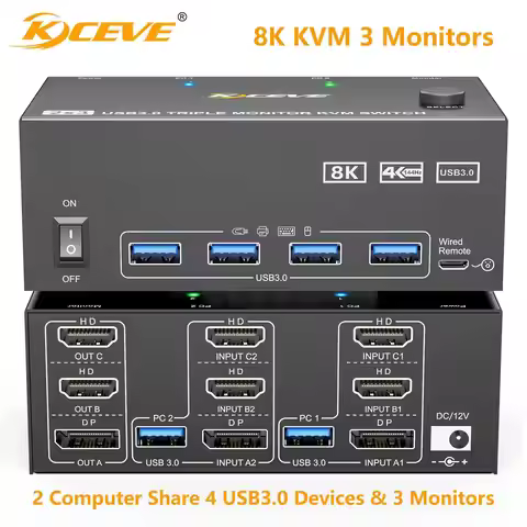 KCEVE 8K Tripe 3 Monitors KVM Switcher USB 3.0 Hub HDMI-Compatible DP Docking Station Switch Selecto