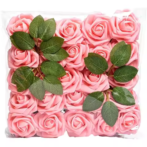 Wholesale Artificial Roses Flowers Multicolor Foam Fake Roses Head With Green Leaves For DIY Wedding