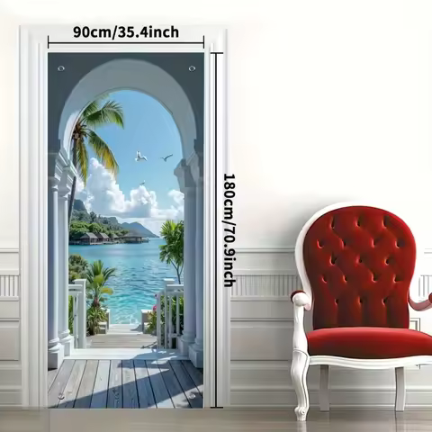 2D flat integrated, 2D printed party banner door curtain with sea view design