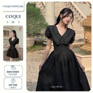 COQUI - Classic lady's black DRESS with flared design, puffed sleeves, boat neck with bow tie ANNA D