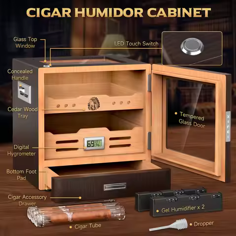Cigar Humidor Cabinet,LED Lighting,Digital Hygrometer,2 Humidifiers,Cigar Tube,Desktop,Cedar Wood,wi