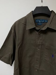 古著 Ralph Lauren Classic Fit 灰棕色 咖啡色 短袖素色合身休閒工作襯衫 藍色刺繡logo