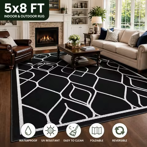 5x8 FT Indoor Outdoor Rug Waterproof Reversible Plastic Straw Patio Mat 340GSM PP Foldable Quick Dry
