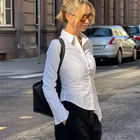 Women Long Sleeve Slim Button Up Shirt Solid Color Y2K Button Down Blouse Vintage Slim Fitted Collar