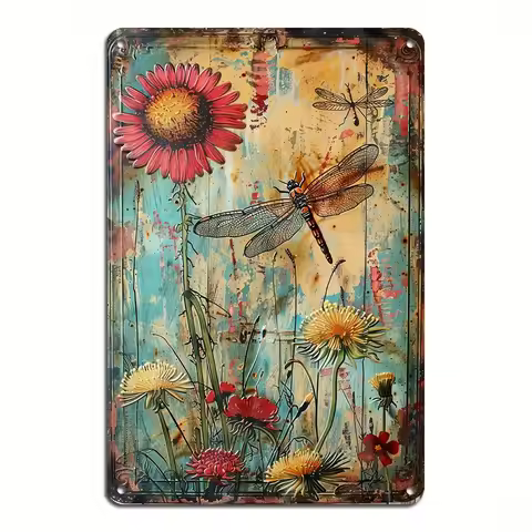 8x12 Inch Vintage Dragonfly Wildflower Metal Wall Art Rustic Iron Decor Ideal for Home Garden Cafe B