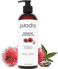 PURA D'OR 16 Oz ORGANIC Castor Oil - 100% Pure USDA Certified Cold Pressed, Hexane Free Eyelash &amp; Eyebrow Growth Serum - For Fuller, Thicker Lashes &amp; Brows - Skin &amp; Hair Moisturizer - Bulk Size