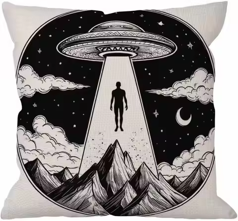 Alien Spaceship UFO Abduction Double Sided Throw Pillow Cover Flying Saucer Moon Mountain Decorative