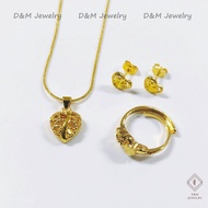 D&amp;M 18k Gold Heart Necklace Earring Adjustable Ring 3in1 Jewelry Set for Women Birthday Gift