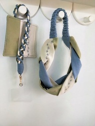 編織髮帶-嫩芽霧藍(電繡)+手機掛繩+杯墊