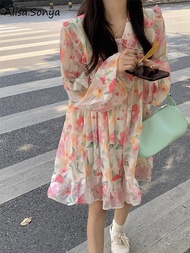 Alisa Sonya ตุ๊กตาคอชุดเดรสสั้นเดรสแขนสั้นดอกไม้สำหรับผู้หญิง