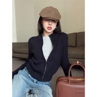 Autumn Outer Wear Slim-fit Long-sleeved Soft Waxy Zipper Knitted Sweater Navy Blue Cardi