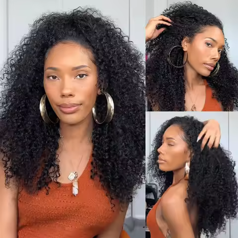 Wear and Go Flip Over Drawstring Glueless Curly Human Hair Upgrade 3 IN 1 Half Wig With Drawstring S