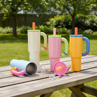 1Pc 1200ml Double-Wall Tumbler, Cute Aesthetic Glass Cup with Handle, 316 Stainless Steel Lid & Stra