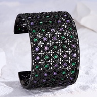 Seกีซูเปอร์หรูหราดูไบรอยัลสไตล์สีเหลืองชุบเจ้าสาวเปิดข้อมือกำไลกว้างเต็มปูที่มีคุณภาพสีม่วงสีเขียวลู