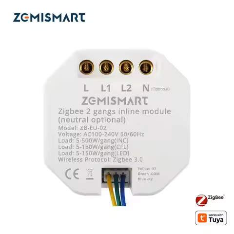 Zemismart Zigbee Inline Module Switch Work with Tuya Mini Light Switch 2 Gangs 2 Way Neutral Optiona