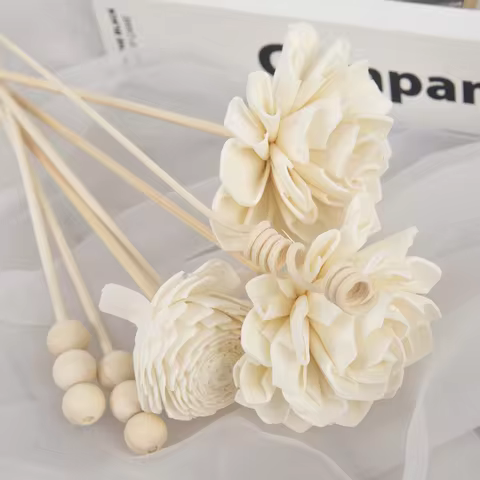 7PCS White Dahlia Pompon Flower Rattan Sticks Fireless Fragrances Reed Diffuser Stick Reuse DIY Hand